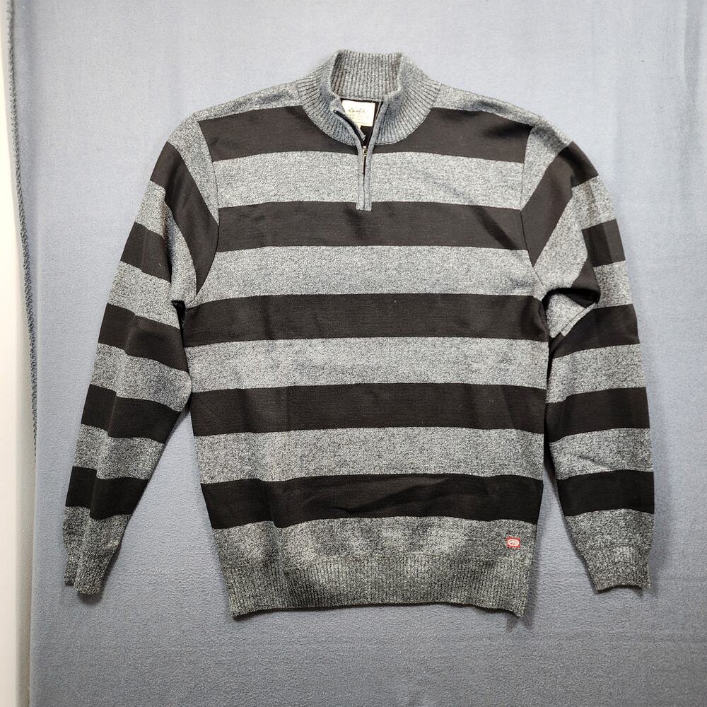 Ecko Unltd Sweater Mens XXL 1/4 Zip Pullover Black Grey Striped High Neck Preppy